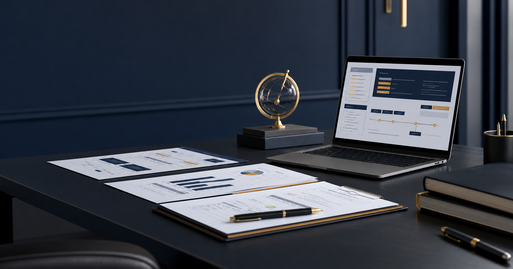 Professional assessment workspace with finance curriculum materials
